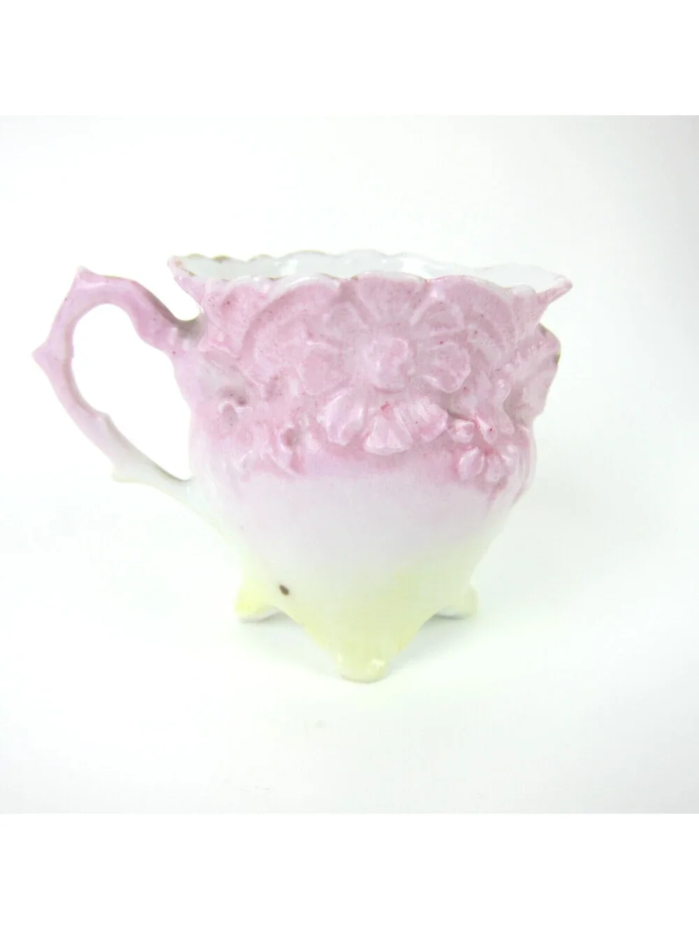 Antique Porcelain Footed Tea Cup & Saucer Set Pink Yellow Gold Floral Demitasse